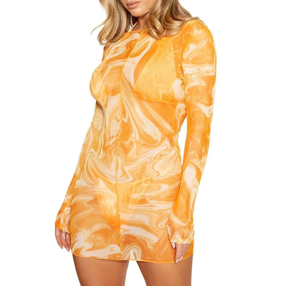 Naked Wardrobe Dreamsicle Orange Sheer Long Sleeve Low Back Cover Up Dress